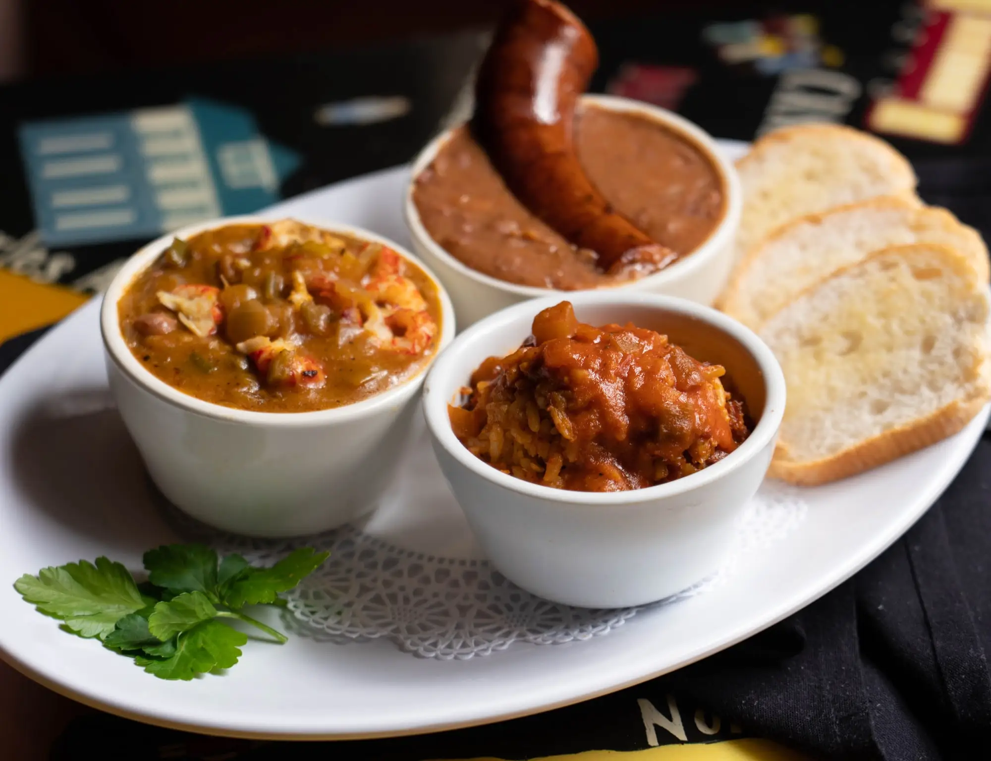 Taste of New Orleans: Creole jambalaya, crawfish étouffée and red beans & rice with smoked sausage and French bread